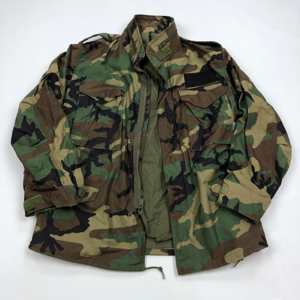 Vtg 80s M65 Field Jacket Woodland Camo Military Cold Weather Coat Small Short